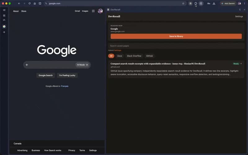 DevRecall search side panel showing a saved GitHub reference
