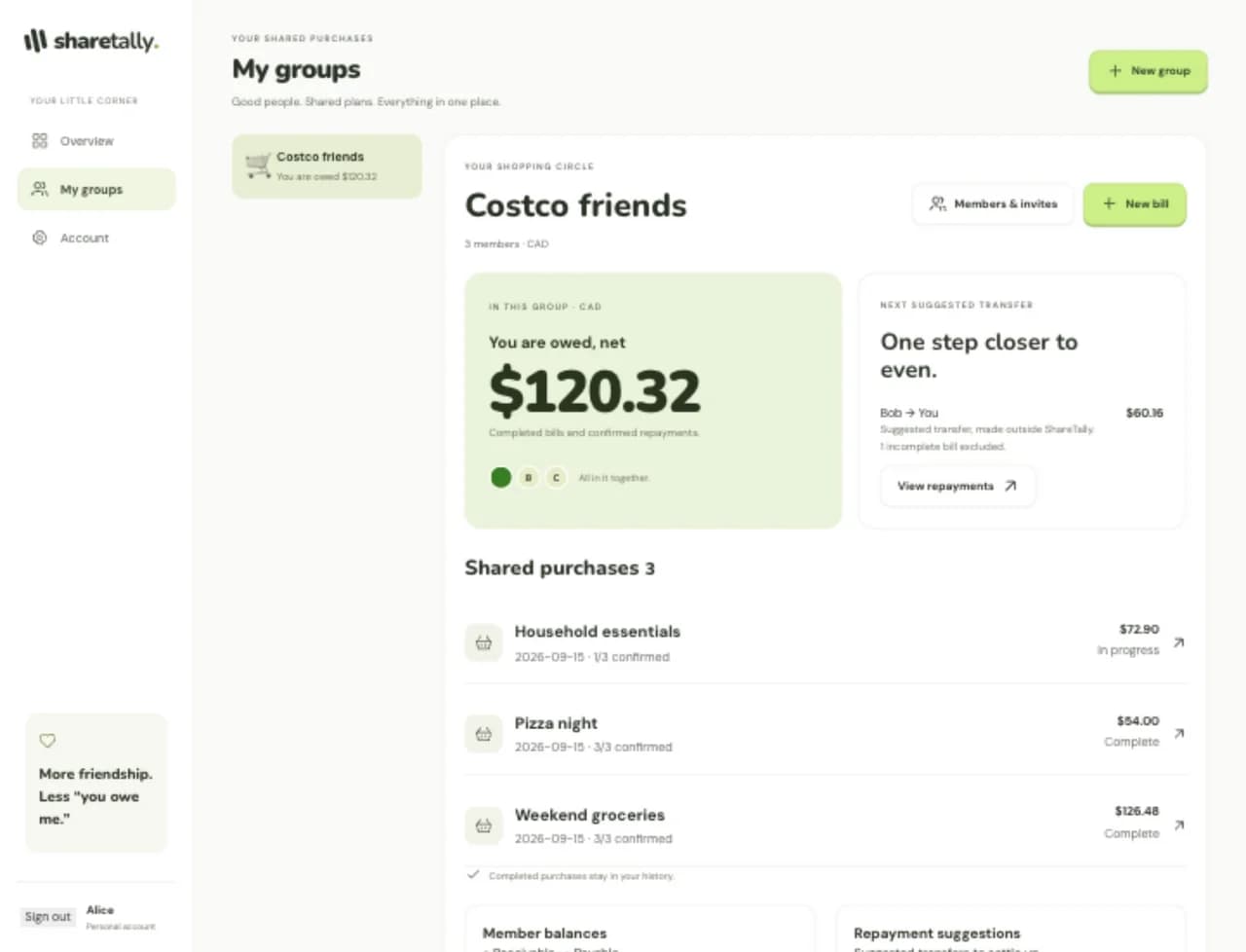 ShareTally group showing shared bills, balances, and repayment suggestions with sample data