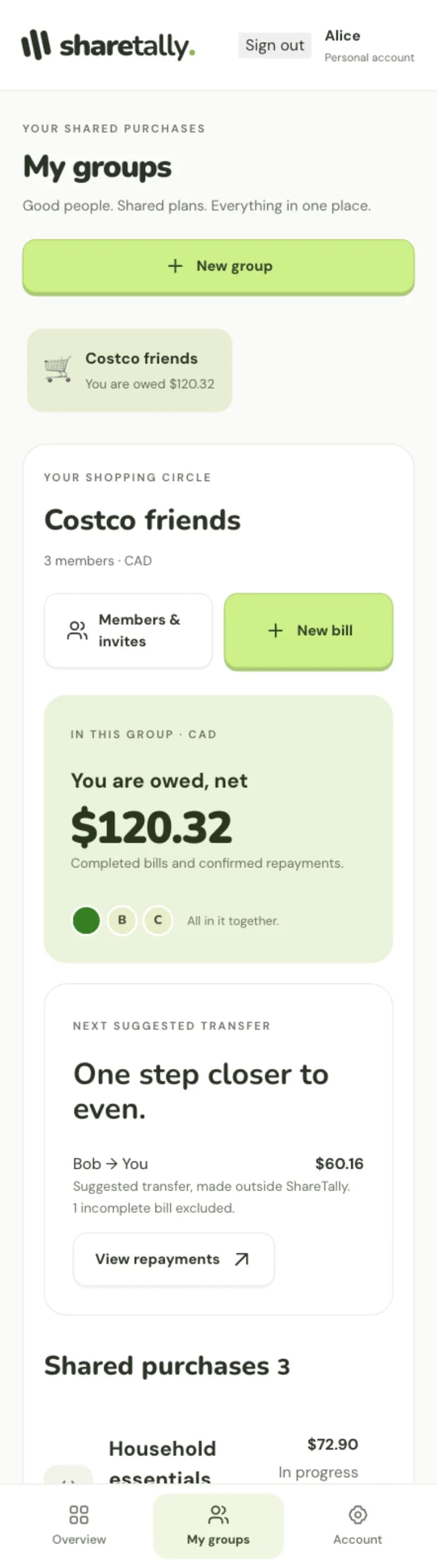 ShareTally mobile view showing group bills and balances using sample data